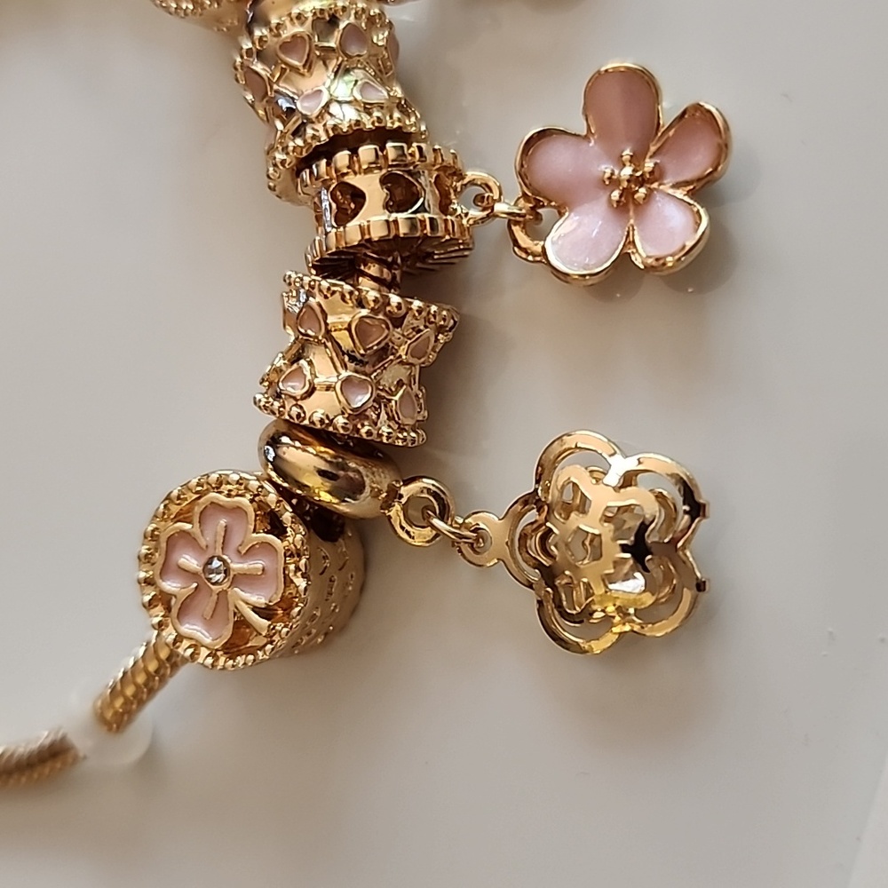 Flower Theme Gold PINK ENAMEL 7 Charm Beautiful Cutout Flowers - Picture 2 of 5